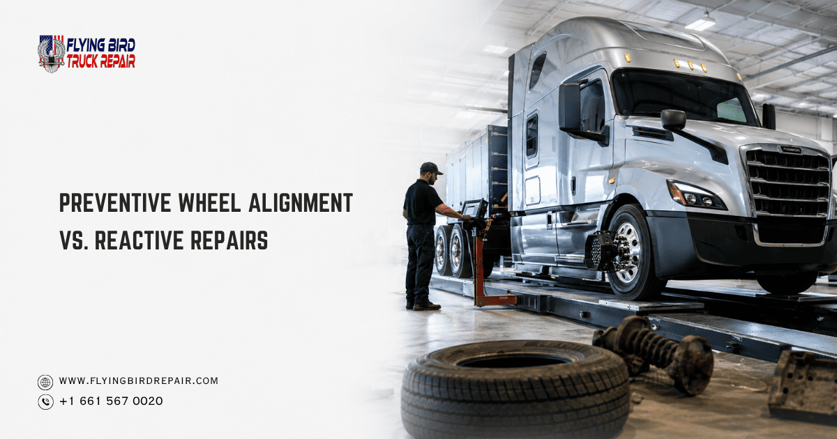 Commercial truck wheel alignment service to reduce tire wear and fleet repair costs.