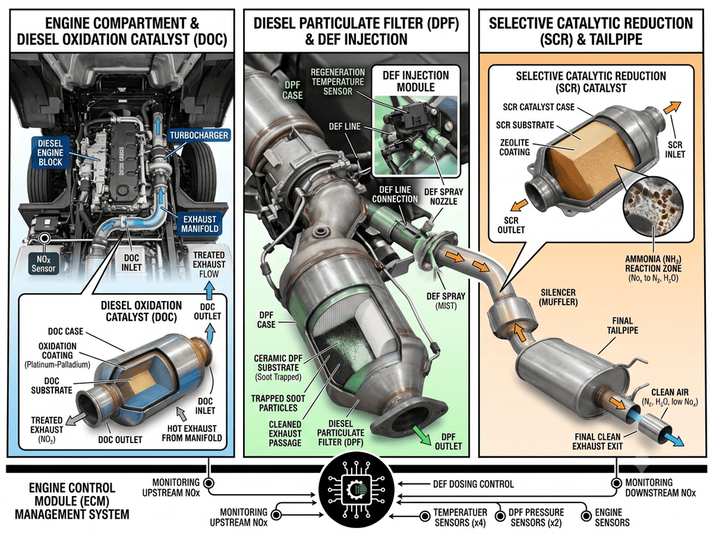 A full-color technical diagram illustrating a modern diesel exhaust aftertreatment system
