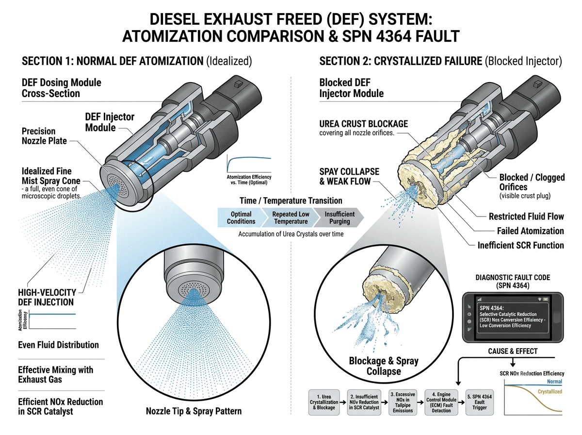 DEF Injector Performance: Normal Atomization vs. Crystallized Failure (SPN 4364) 
