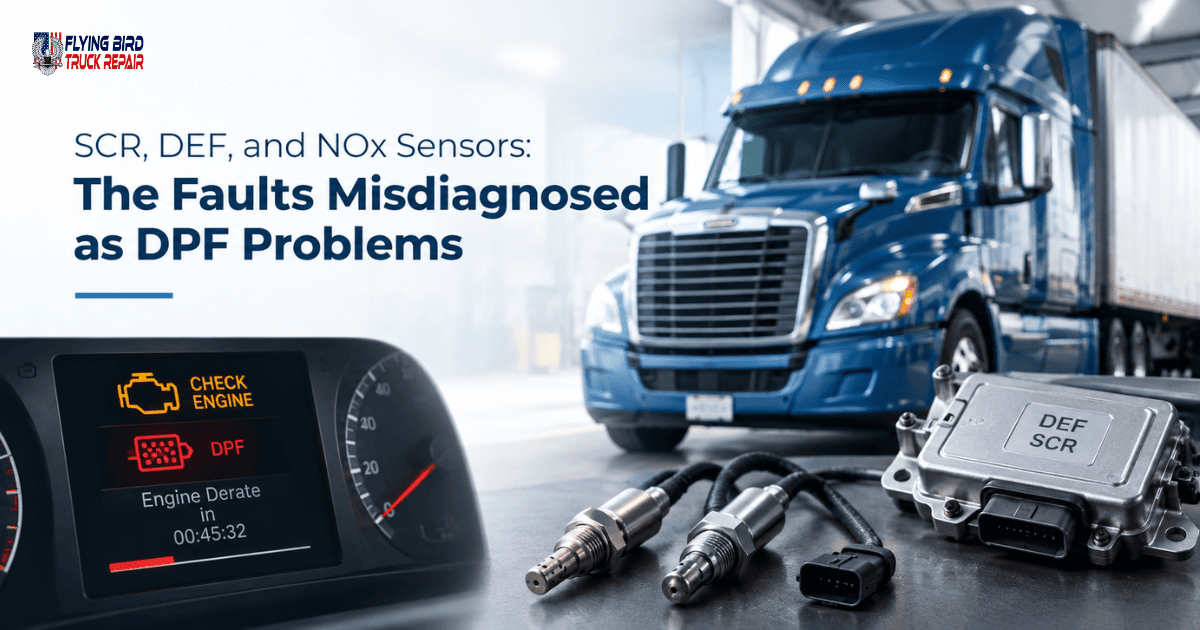 SCR and NOx sensor faults in heavy-duty trucks that can be misdiagnosed as DPF problems, shown with engine diagnostic warnings.